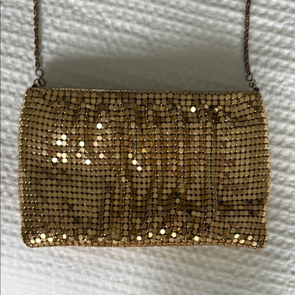 Gold Metallic Clutch with Shimmering Mesh and Chain Strap